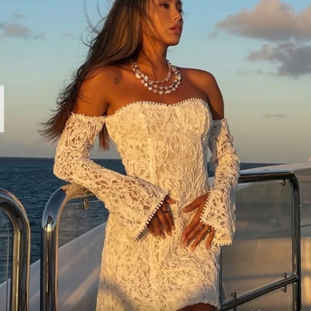12th Tribe White off the Shoulder Lace Mini Dress